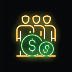 Poster - Neon icon of three people standing with large dollar coins at their feet, representing the concept of making money as a team