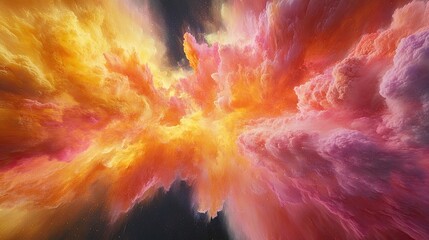 Fototapete - Abstract burst of colorful powder with swirling pink, yellow, and orange clouds in a vivid explosion against a black backdrop