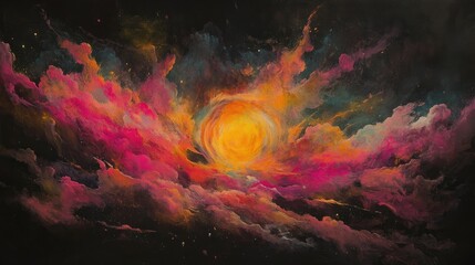 Fototapete - Abstract burst of colorful powder with swirling pink, yellow, and orange clouds in a vivid explosion against a black backdrop