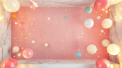 Leinwandbilder - Aesthetic product stage with pastel balloons, confetti accents, and a textured pink concrete background, top view