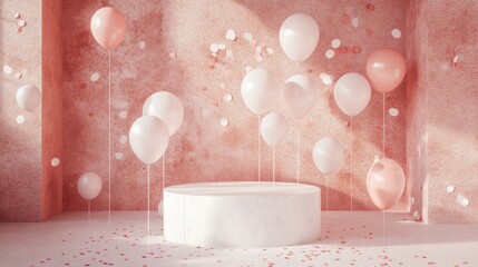 Leinwandbilder - Aesthetic product stage with pastel balloons, confetti accents, and a textured pink concrete background, top view