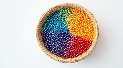 Poster - Artistic arrangement of colorful beads in a basket, separated into rainbow colors, displayed on a minimalist white background