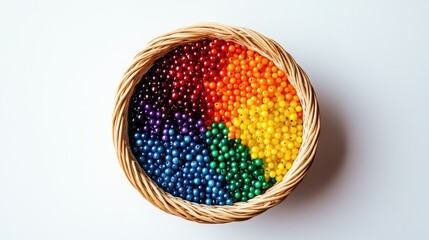 Poster - Artistic arrangement of colorful beads in a basket, separated into rainbow colors, displayed on a minimalist white background