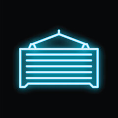 Poster - neon glowing icon of a shipping container hanging from a crane hook, isolated on a black background