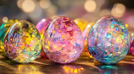 Poster - Close-up of transparent crystal Easter eggs placed on a wooden table, showcasing their sparkle and intricate craftsmanship