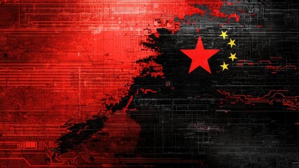 Poster - Abstract representation of a flag with digital textures in red and black hues.