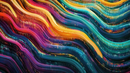 Fototapete - Flowing lines of data streams in vibrant colors, representing big data and blockchain technology, with a futuristic cyber aesthetic