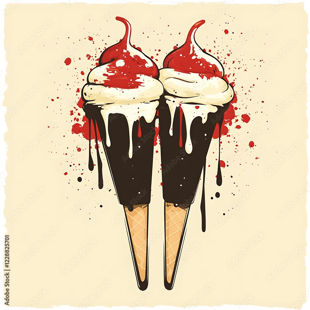 Two melting ice cream cones with red topping, splash background. Possible use digital print ...