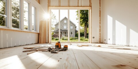 Poster - Bright, empty room under construction with tools on the floor and natural light streaming in.