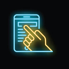 Poster - Neon sign representing a hand using a touch screen smartphone, on a black background
