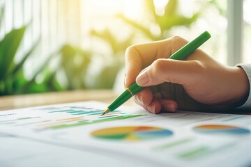 Poster - A hand holding a green pen over a document with charts and graphs in a bright setting.
