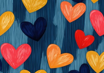 Poster - A vibrant pattern featuring colorful hearts on a blue background, creating a lively and cheerful atmosphere.