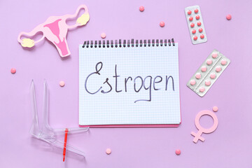 Wall Mural - Notebook with word ESTROGEN, gynecological speculum, hormonal pills, paper uterus and symbol of woman on purple background