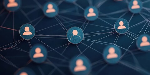 Poster - network of interconnected user icons symbolizing social connections and digital communication.