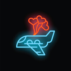 Poster - Neon airplane taking off with red heart shaped balloons on a black background