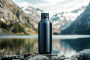 Matte black water bottle on rocks by a lake in the mountains.