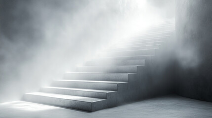 Concrete staircase ascending toward bright white background symbolizing progress, success, and clarity in a modern, minimalistic design with empty caption space for text