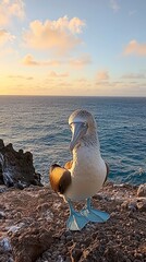 Poster - A blue-footed booby stands proudly on sunlit rocks, showcasing its striking blue feet. The vibrant colors contrast beautifully with the calm ocean and warm hues of the evening sky