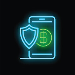Poster - Glowing neon icon of a mobile banking security system protecting a money transaction with a shield