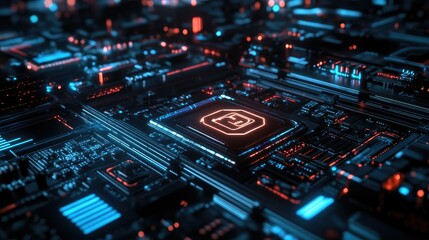 Poster - A high-tech scene with a glowing AI icon on a sleek black circuit board in a digital setting