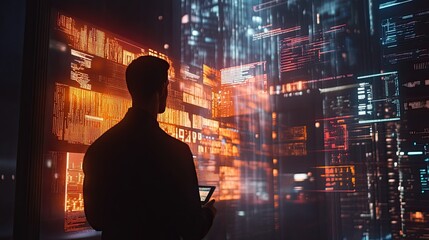 Poster - A professional presenting AI technology in a high-tech environment with glowing interfaces and data visuals