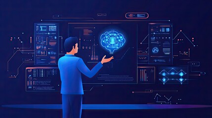 Poster - A professional presenting AI technology in a high-tech environment with glowing interfaces and data visuals