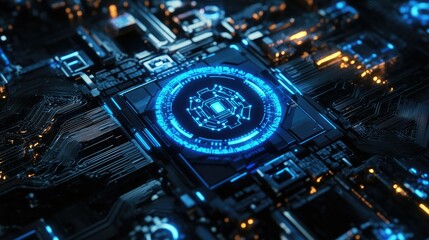 Fototapete - Blue glowing AI symbol on a futuristic circuit board, set in a dark digital background
