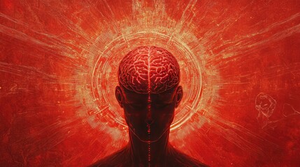 Poster - Conceptual representation of neural technology interfaced with a human brain on a glowing red background