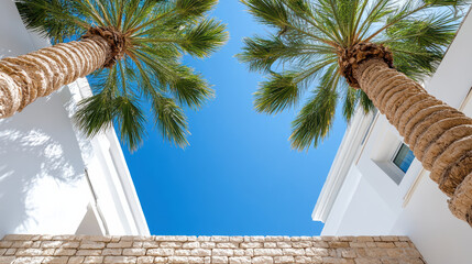 Wall Mural - serene view of palm trees against clear blue sky, framed by white buildings