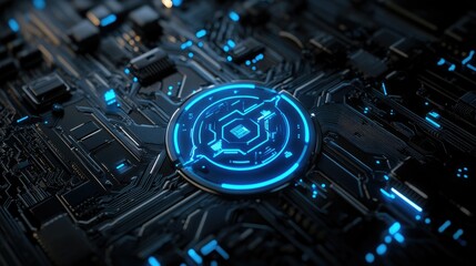 Poster - Glowing blue AI icon on a dark circuit board, symbolizing digital innovation and futuristic technology