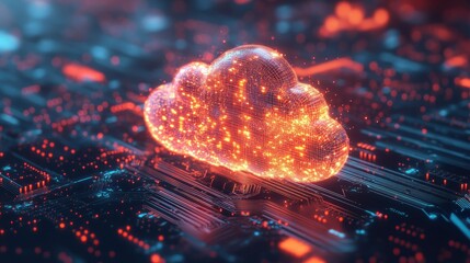 Poster - Glowing cloud icon merging with a circuit board, representing modern cloud computing technology