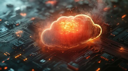 Poster - Glowing cloud icon merging with a circuit board, representing modern cloud computing technology