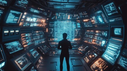 Poster - High-tech presentation on AI with a man surrounded by glowing screens and futuristic digital interfaces