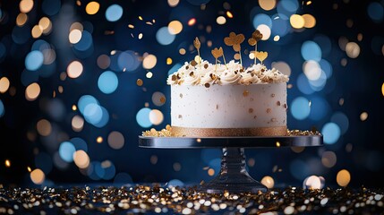 Fototapete - Light art shimmering over a dark blue background with glitter bokeh and gold confetti, a romantic wedding card design