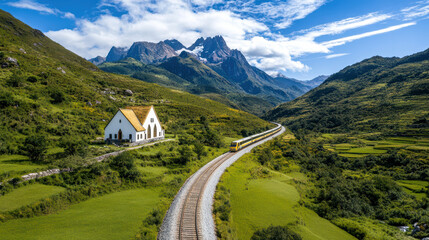 Sticker - train travels through lush green countryside near mountains and white house