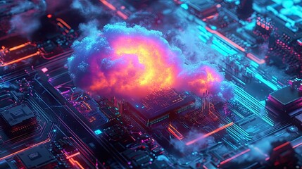 Poster - Vibrant image of a glowing cloud intertwined with a digital microchip on a futuristic tech background