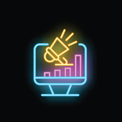 Poster - Neon sign representing a digital marketing strategy with a megaphone on a computer screen and growing statistics