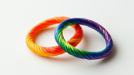 Leinwandbilder - Acrylic rainbow stripes framing two intertwined rings, symbolizing equal marriage, set on a white background.