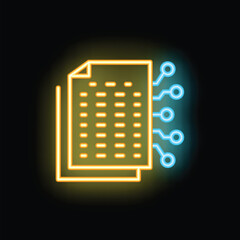 Poster - Bright neon icon of a digital file transferring data through a circuit board, representing digital information exchange