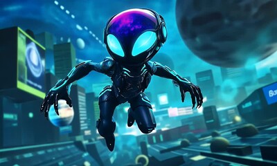 Poster - Futuristic alien running cityscape neon game promo