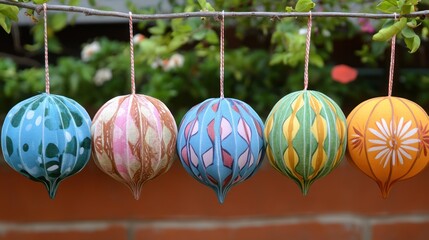 Handmade painted ornaments hanging outdoors, garden background, holiday decor