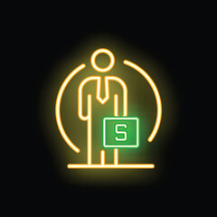 Poster - Neon businessman holding a briefcase with a dollar sign glowing on a dark background