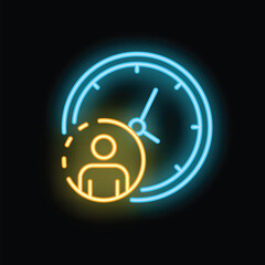 Poster - Neon sign illustrating the concept of time management with a stylized person inside a clock