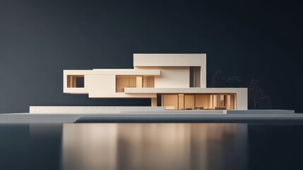 Leinwandbilder - Contemporary minimalist house with cream and brown tones, isolated on a dark background for a striking visual.