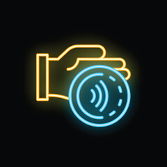 Poster - Neon icon of a hand holding a wireless nfc payment system, perfect for illustrating fintech and contactless transactions