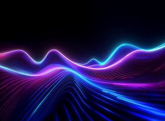 Fototapete - Glowing, vibrant neon lines form undulating waves across a dark background, creating an abstract landscape of light and energy.
