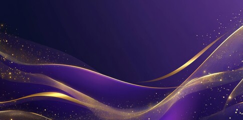 Wall Mural - abstract purple background with golden glowing lines and waves illustration.