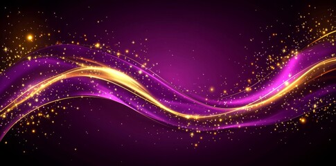 Wall Mural - abstract purple background with golden glowing lines and waves illustration.