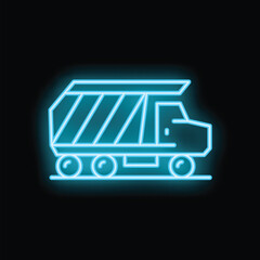 Wall Mural - Bright blue neon icon of a dump truck glowing on a black background