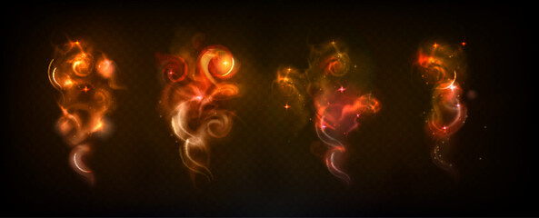 Poster - magic wand spell effects set - glowing orange swirls, mystical sparkling trails, luminous fire spira